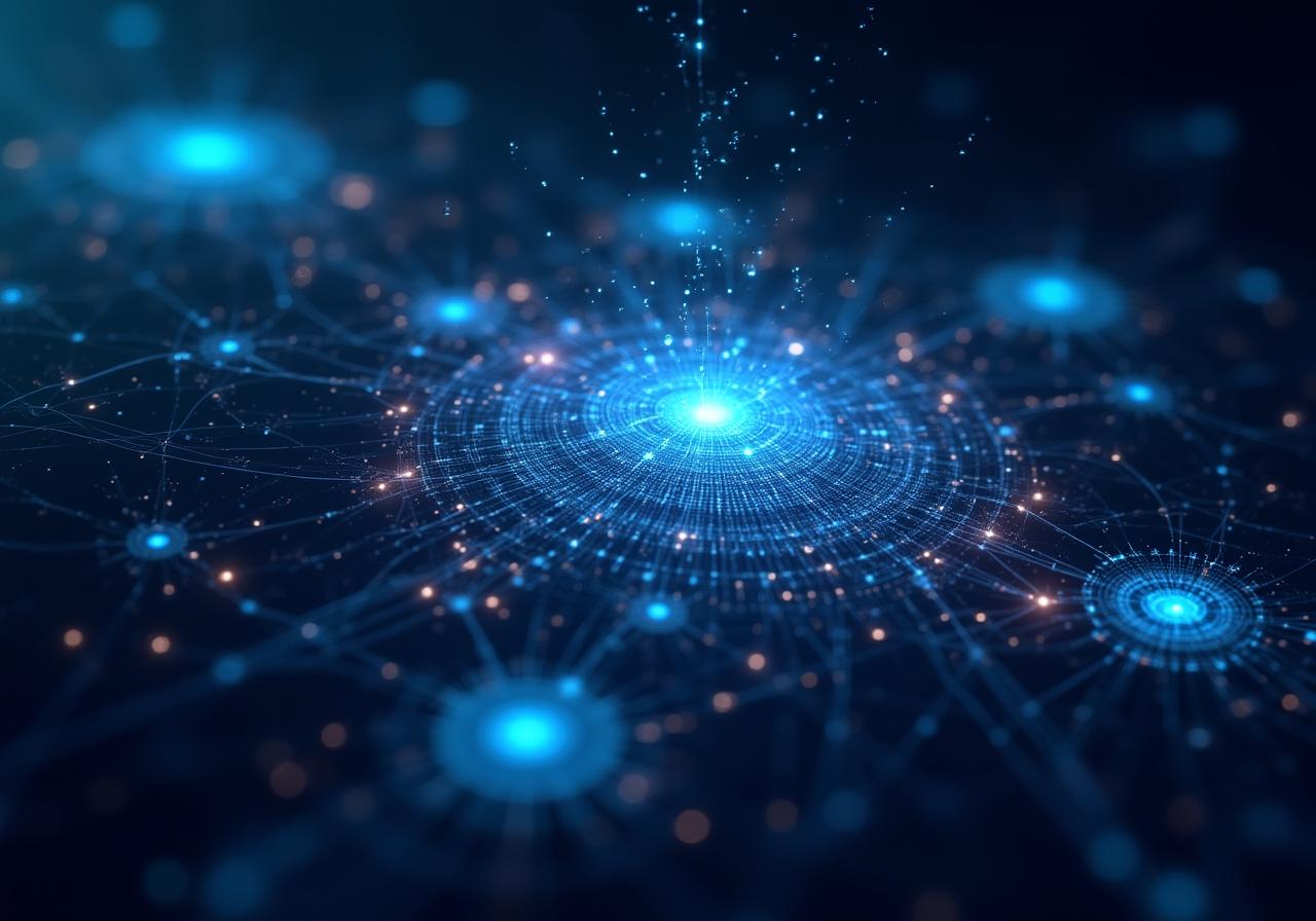 Futuristic 3D business intelligence dashboard visualization with glowing data nodes