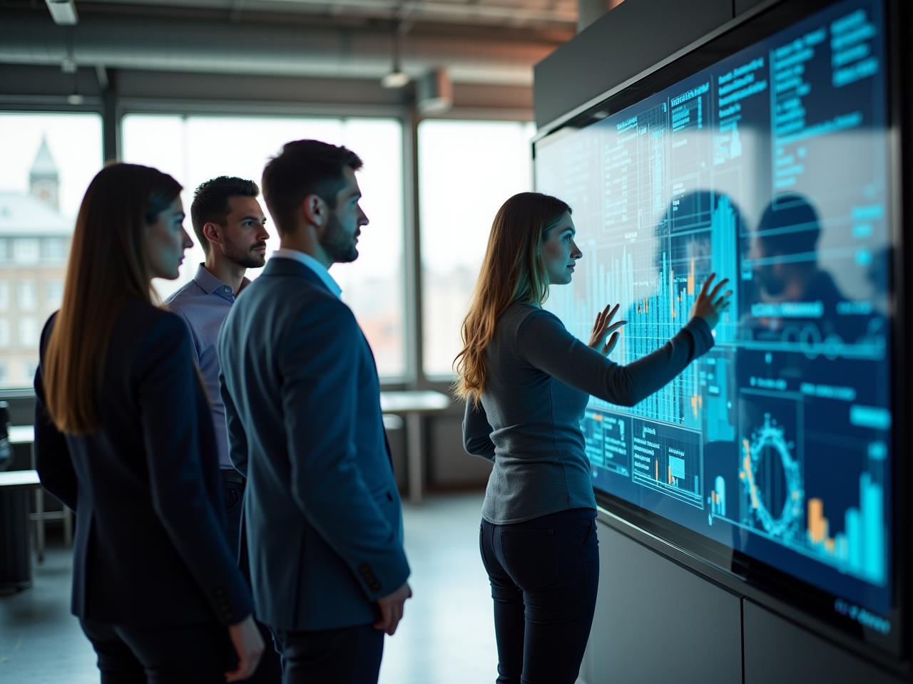 Data consultant presenting insights in a modern UK tech office